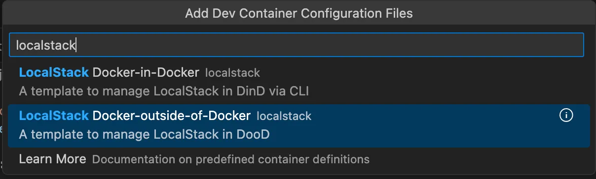 Select official LocalStack Template (DooD)